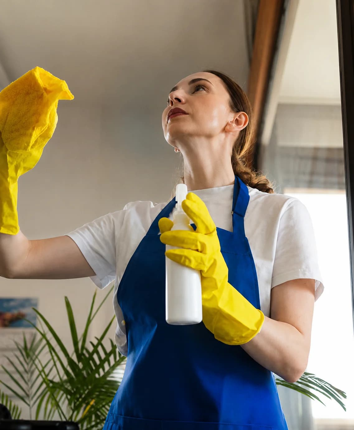 Cleaner wiping a glass panel